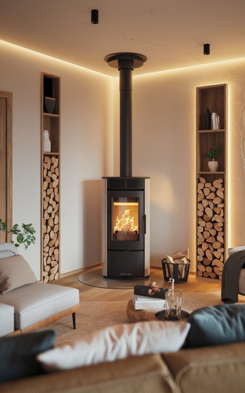 Flamme vive dans un poêle à bois noir installé à Mérignac